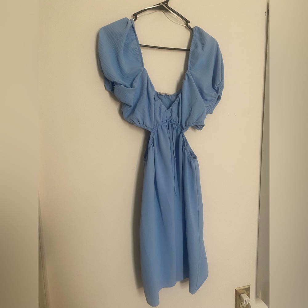 Blue side cut off shoulder dress